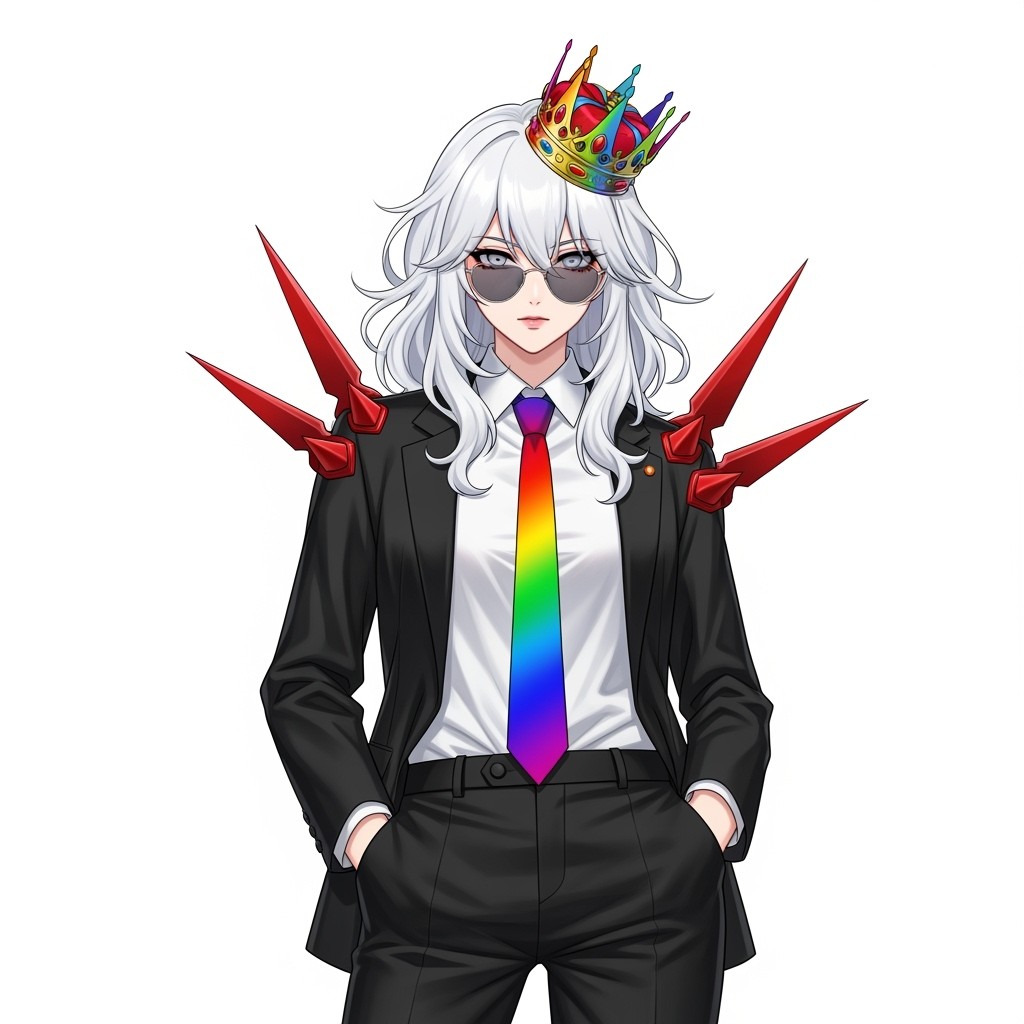 A striking female character with rare pure long white, fluffy hair that has a slightly tousled and wavy texture, showcasing medium length