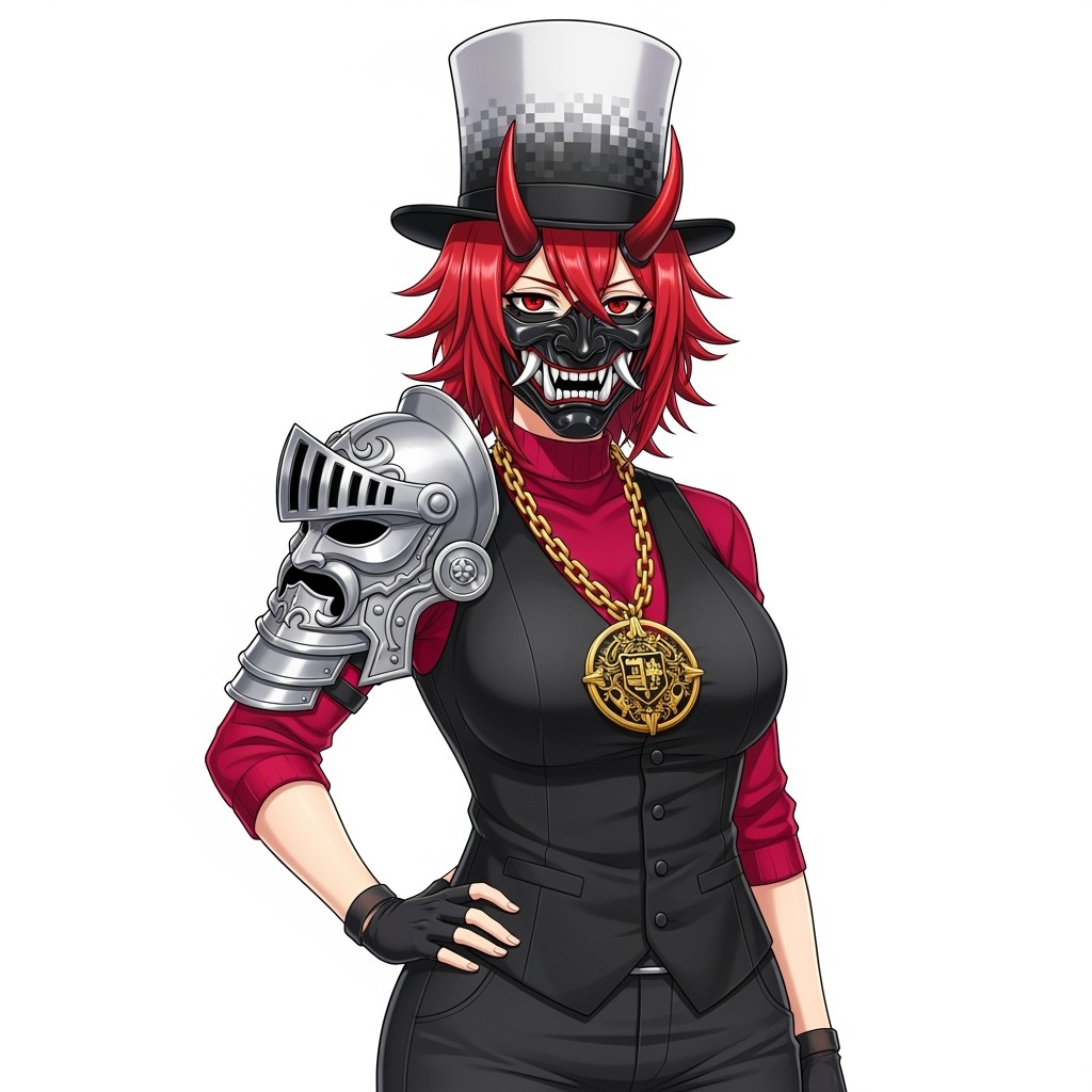 A stylish anime character with bright red long hair that is waist-length and spiky