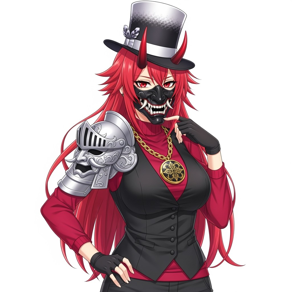 An anime character with vibrant bright red long hair, styled spiky and waist-length