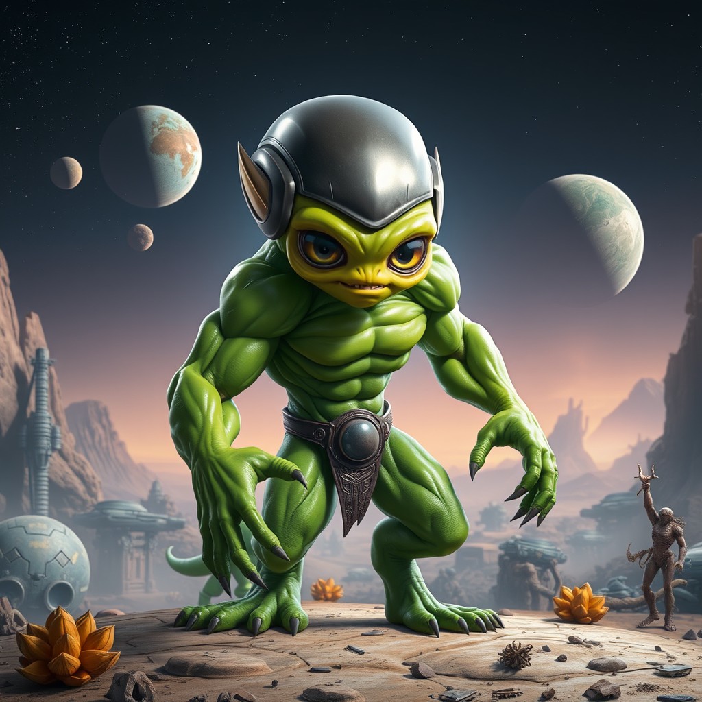 An imaginative representation of a 'muton', a fictional alien creature featuring vibrant green skin with a muscular build, large bulging eyes, and a distinctive helmet-like head