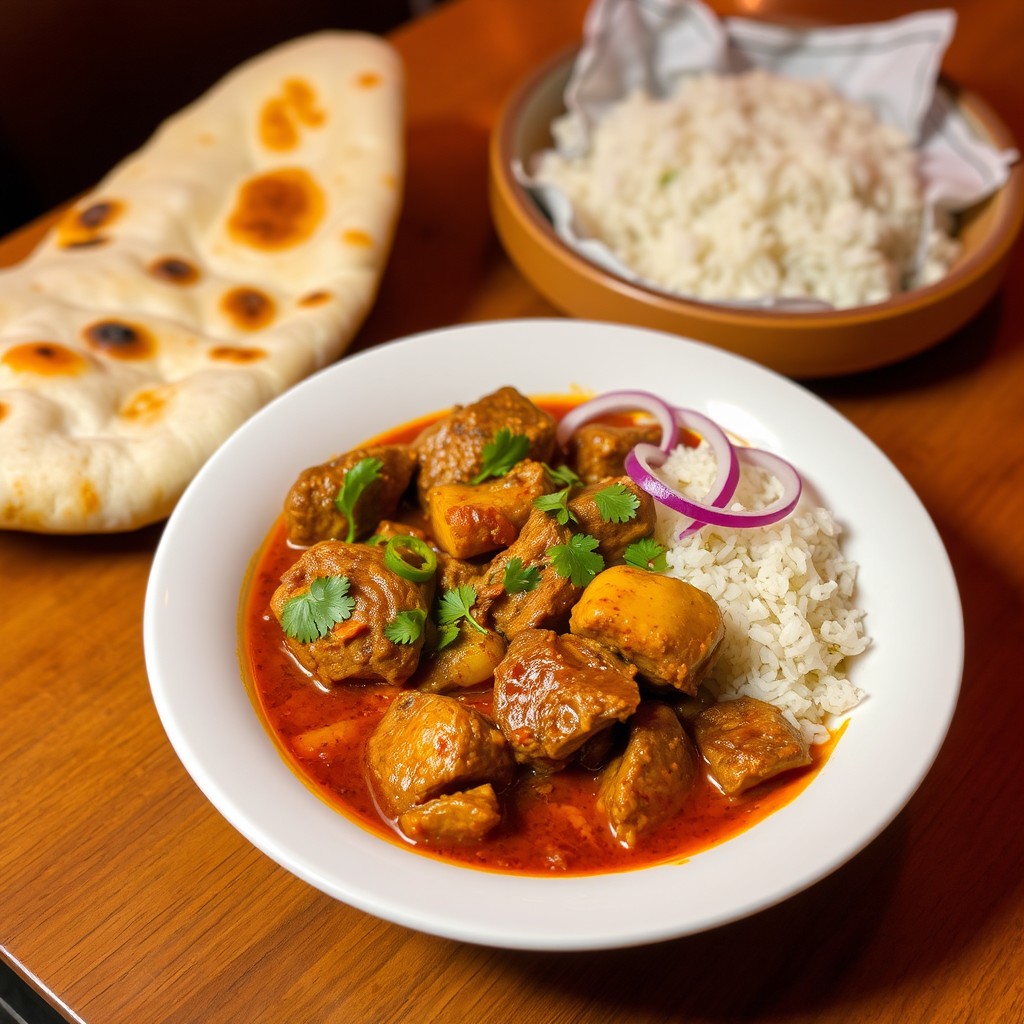A beautifully presented plate of Mangalore Mutton, featuring succulent pieces of mutton cooked in a rich and aromatic curry made with traditional Indian spices