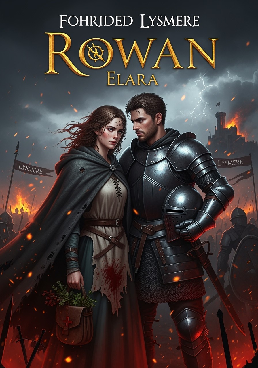 A front cover illustration for a forbidden medieval love story set against war, featuring Elara and Rowan