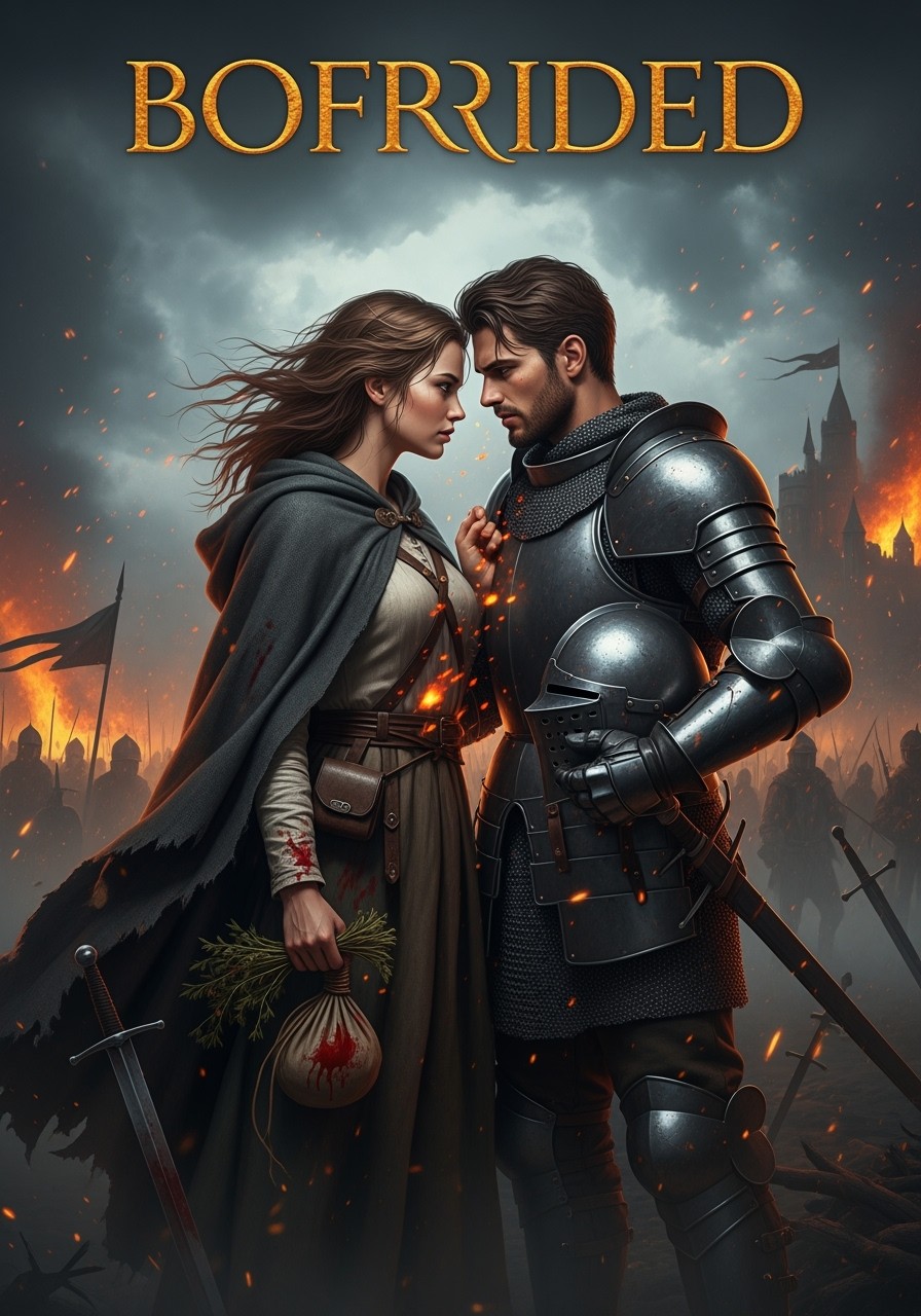 A front cover illustration for a forbidden medieval love story set against war, featuring a handsome man and a beautiful woman standing close but not touching, embodying an intense emotional tension