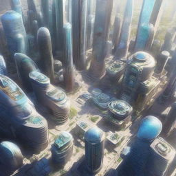 A panoramic overhead view of a futuristic city teeming with skyscrapers and flying vehicles, focusing on a bustling lab where Dr. Lauren is engrossed in an intriguing experiment.