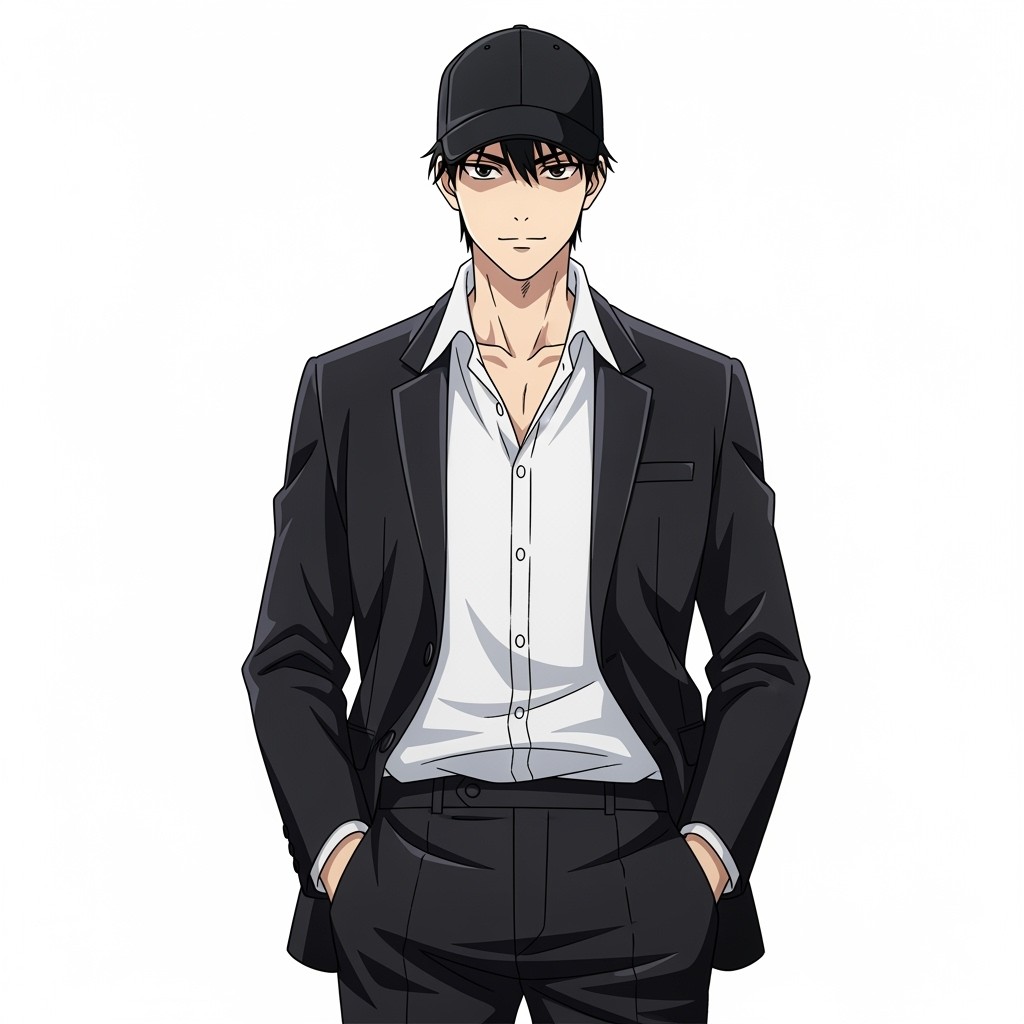 A young anime man standing confidently in the center of the frame