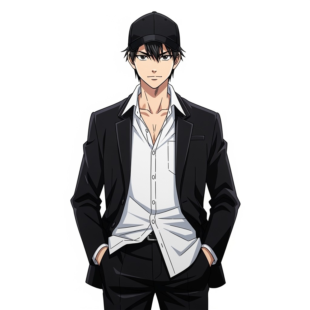 A young anime man standing confidently in the center of the frame
