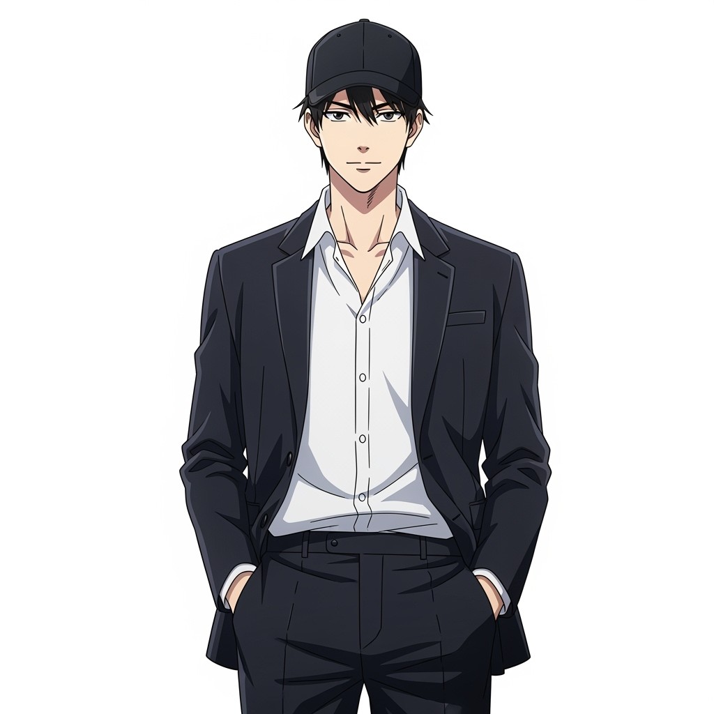 A young anime man standing confidently in the center of the frame