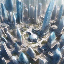 A panoramic overhead view of a futuristic city teeming with skyscrapers and flying vehicles, focusing on a bustling lab where Dr. Lauren is engrossed in an intriguing experiment.