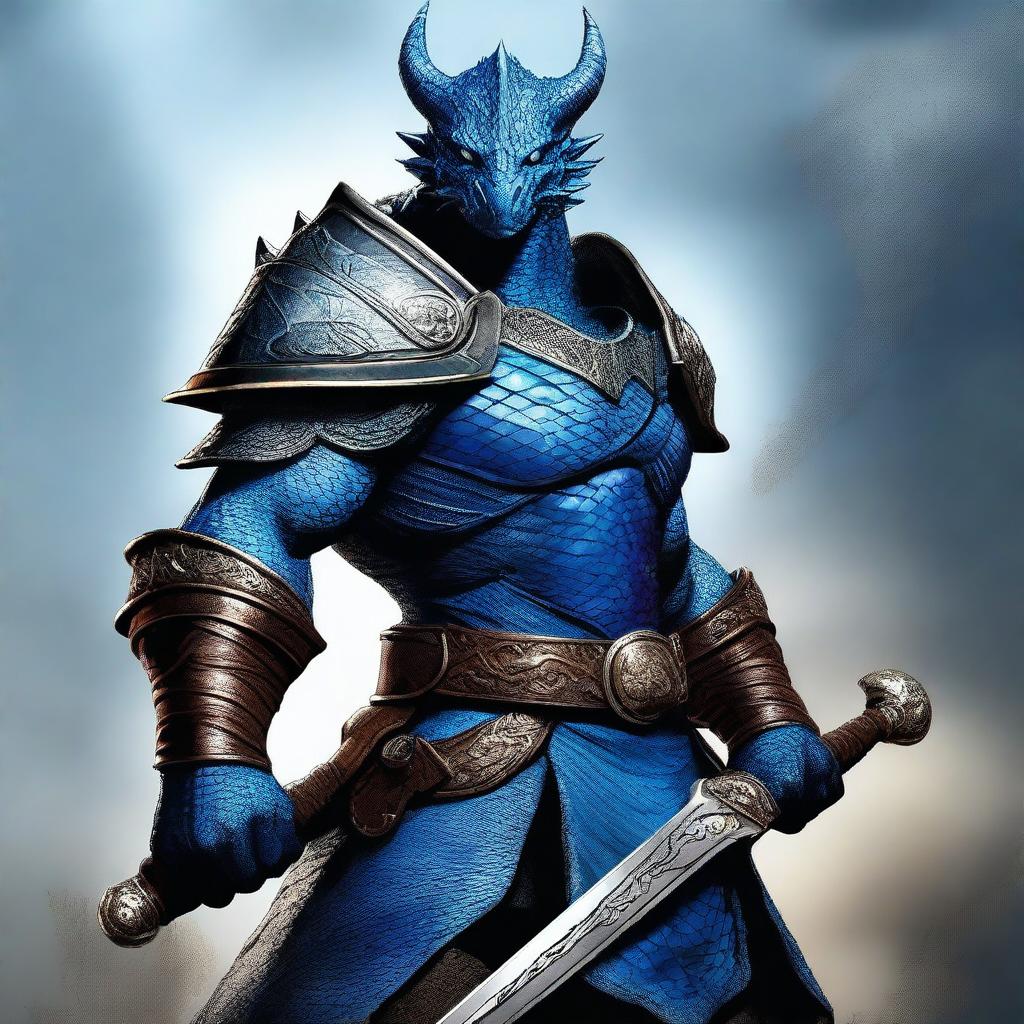 A high-quality digital art depicting a blue dragonborn fighter, poised for battle