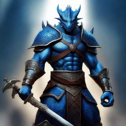 A high-quality digital art depicting a blue dragonborn fighter, poised for battle