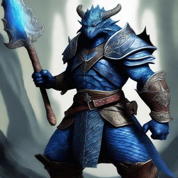 A high-quality digital art depicting a blue dragonborn fighter, poised for battle