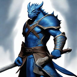 A high-quality digital art depicting a blue dragonborn fighter, poised for battle