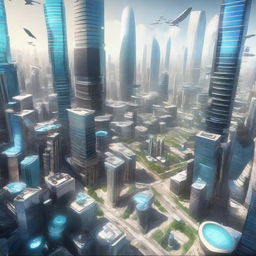 A panoramic overhead view of a futuristic city teeming with skyscrapers and flying vehicles, focusing on a bustling lab where Dr. Lauren is engrossed in an intriguing experiment.