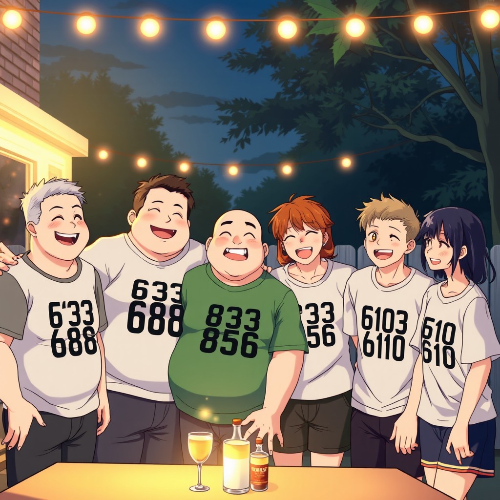 An anime style illustration featuring eight characters, six men and two women, joyfully gathered at an outdoor party during the night
