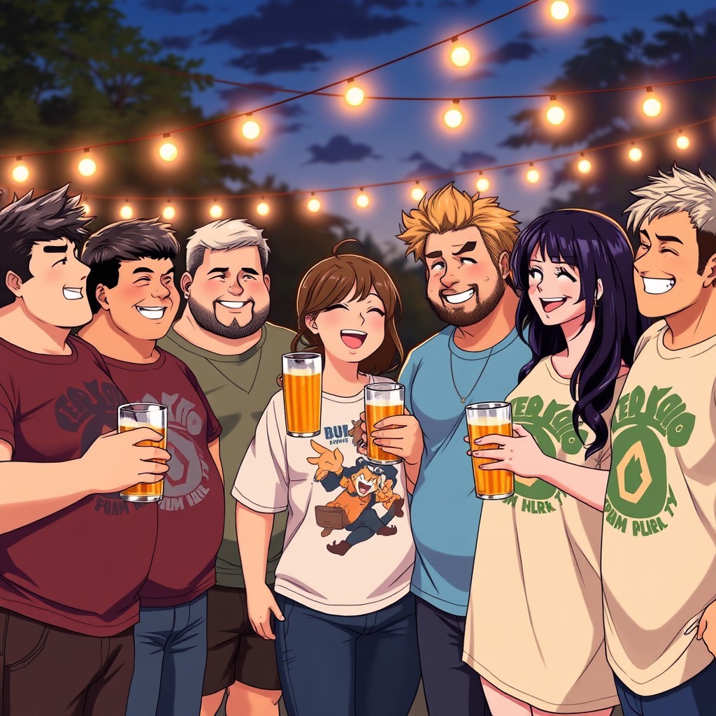 An anime style illustration featuring eight characters, consisting of six men and two women