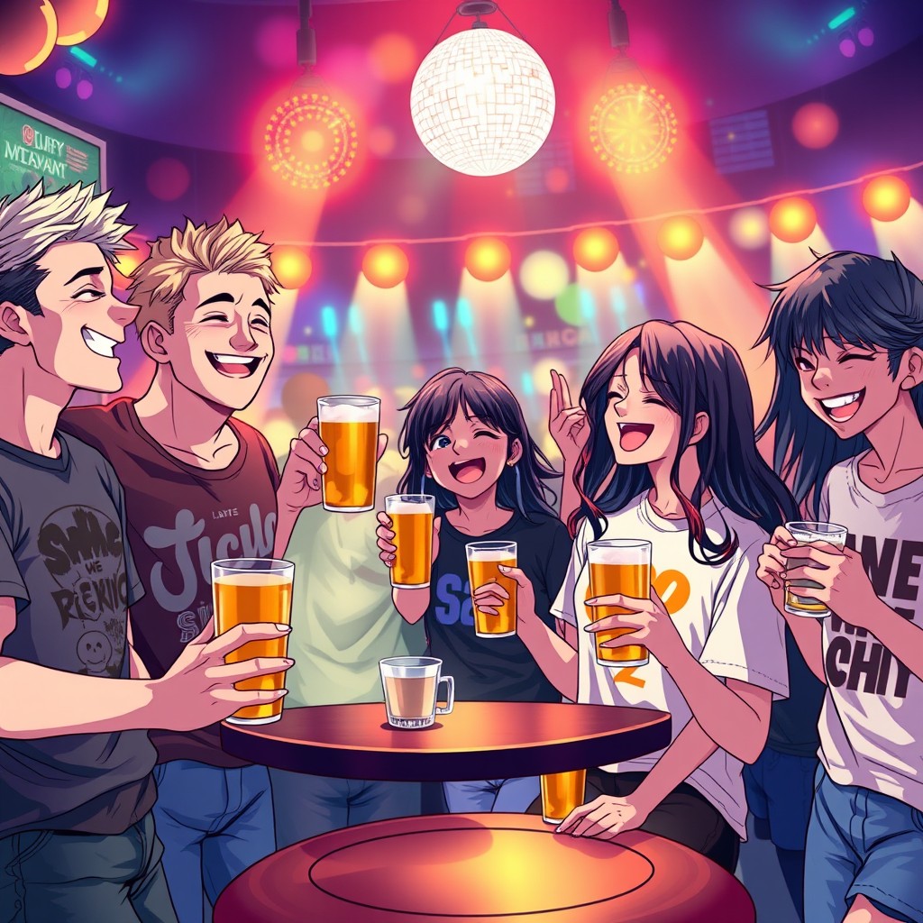 An anime poster depicting six men and two women joyfully gathered at a nighttime disco club party