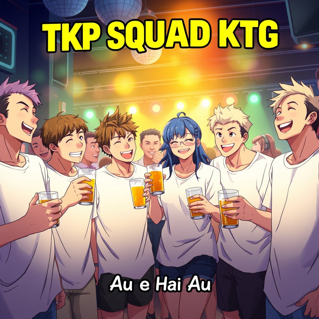 An anime poster featuring a group of 8 people, consisting of 6 men and 2 women