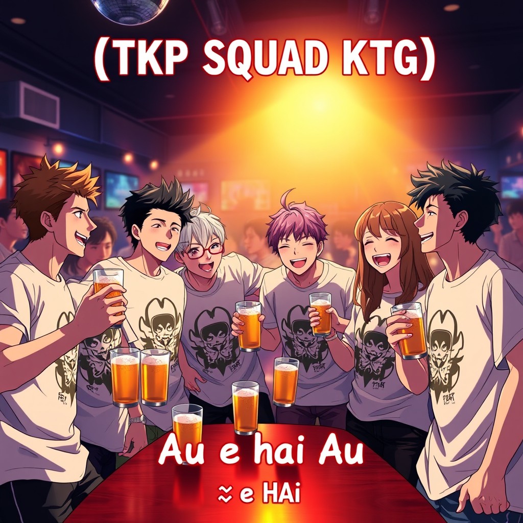 An anime poster featuring a group of 8 people, consisting of 6 men and 2 women, joyfully gathered at a disco club during the night
