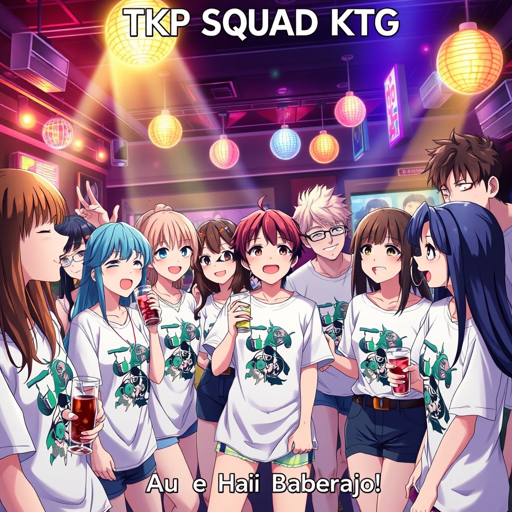 A vibrant anime poster featuring eight characters gathered in a lively nightclub setting at night