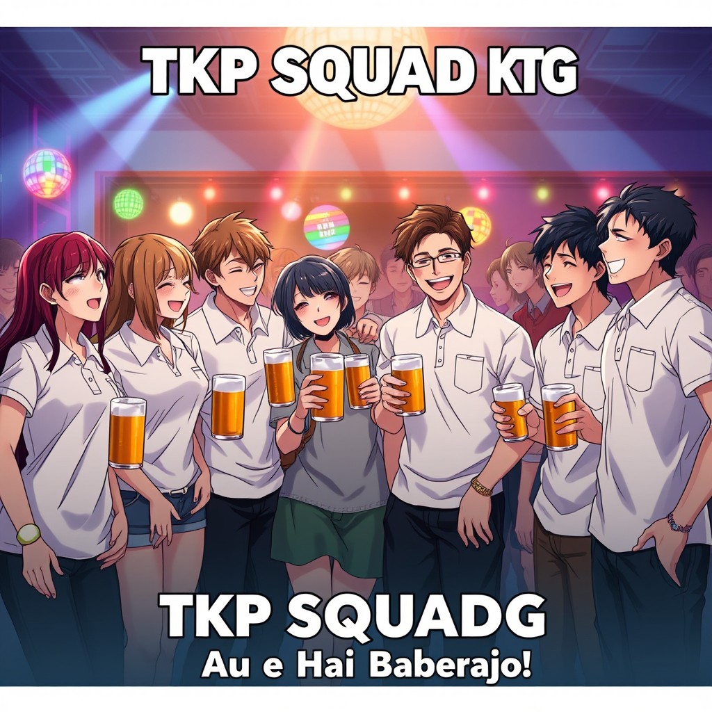 An anime-style movie poster featuring eight characters, including two women and six men, gathered together in a festive nightclub setting at night