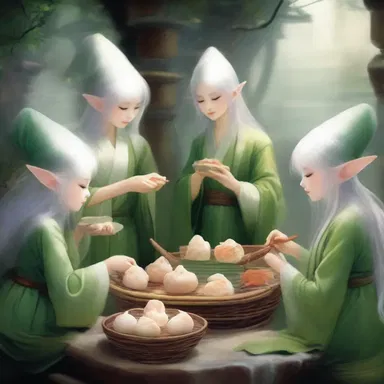In the mystical land of Alaria, the elves gathered to feast on steaming baskets of dim sum.