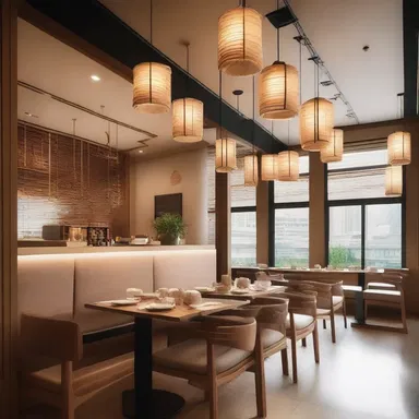 The modern dim sum restaurant features an open concept layout with sleek wooden furniture and hanging lanterns.