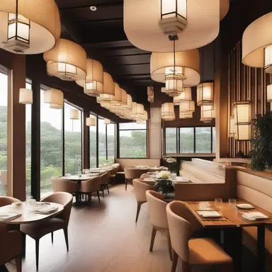 The modern dim sum restaurant features an open concept layout with sleek wooden furniture and hanging lanterns.
