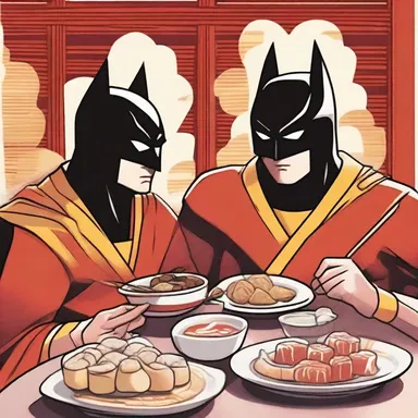 As the superhero duo battled the evil villains, they took a quick break to devour some delicious dim sum at their favorite Chinese restaurant.