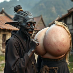 In a medieval village, an elderly female goblin with very dark black skin, small stature, and an emaciated body is depicted
