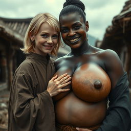 In a medieval village, a tiny young blonde woman with an emaciated body and a sinister smile wears a long, closed Buddhist robe with a high collar