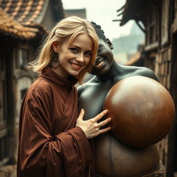 In a medieval village, a tiny young blonde woman with an emaciated body and a sinister smile wears a long, closed Buddhist robe with a high collar