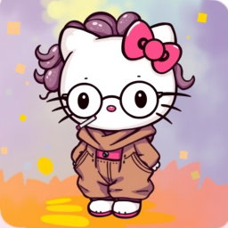 A cute and whimsical depiction of Hello Kitty with curly hair, wearing baggy clothing and stylish glasses, holding a cigarette