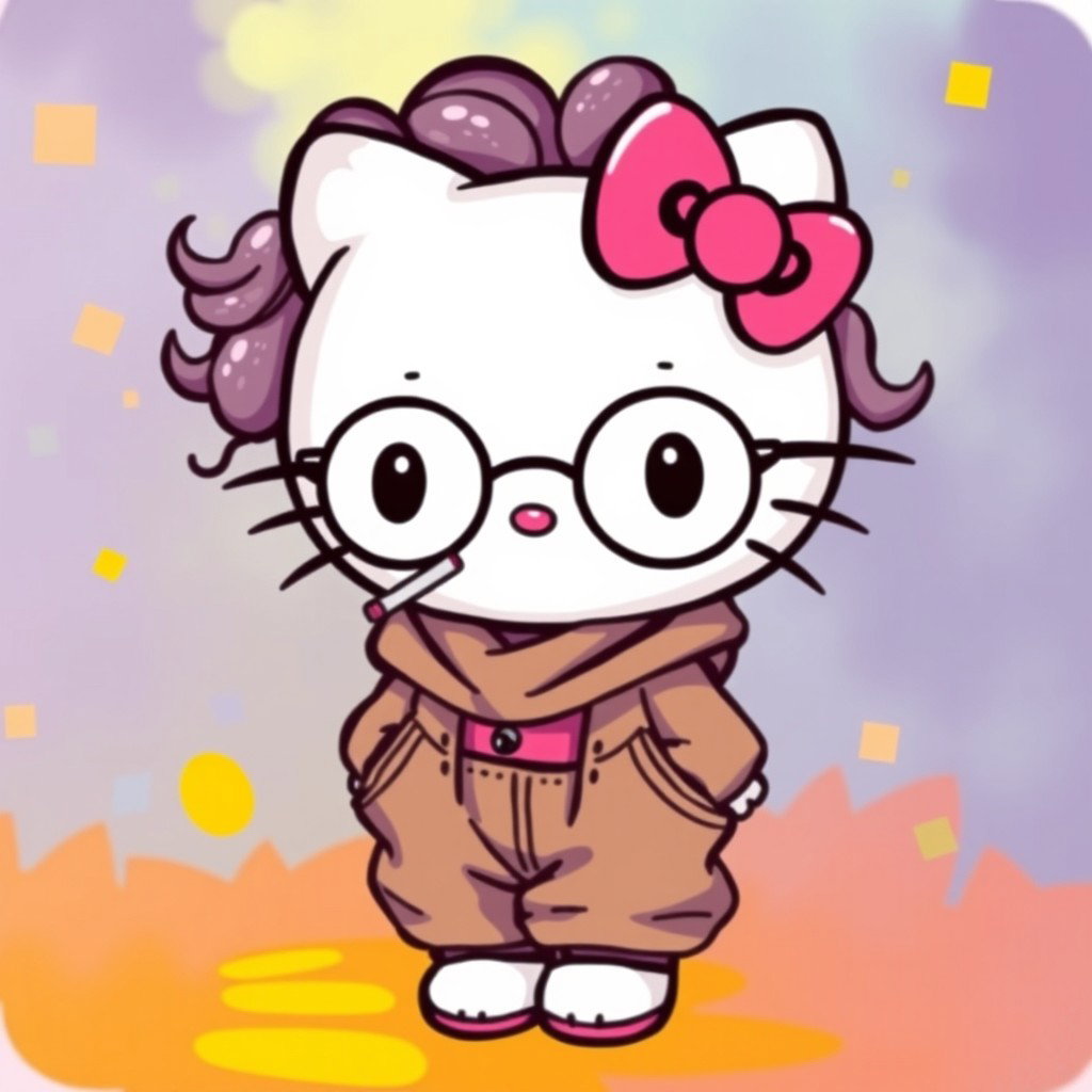 A cute and whimsical depiction of Hello Kitty with curly hair, wearing baggy clothing and stylish glasses, holding a cigarette