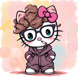 A cute and whimsical depiction of Hello Kitty with curly hair, wearing baggy clothing and stylish glasses, holding a cigarette