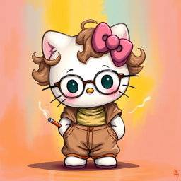 A cute and whimsical depiction of Hello Kitty with curly hair, wearing baggy clothing and stylish glasses, holding a cigarette