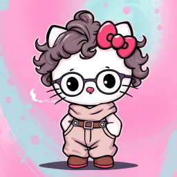 A cute and whimsical depiction of Hello Kitty with curly hair, wearing baggy clothing and stylish glasses, holding a cigarette