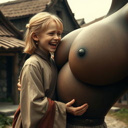 In a medieval village, a tiny young blonde woman with an emaciated body is crying tears of joy