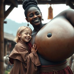 In a medieval village, a tiny young blonde woman with an emaciated body is crying tears of joy