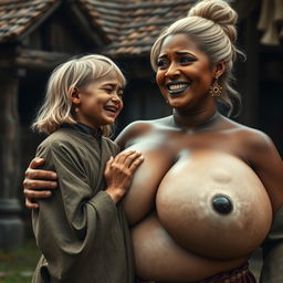 In a medieval village, a tiny young blonde woman with an emaciated body is crying tears of joy