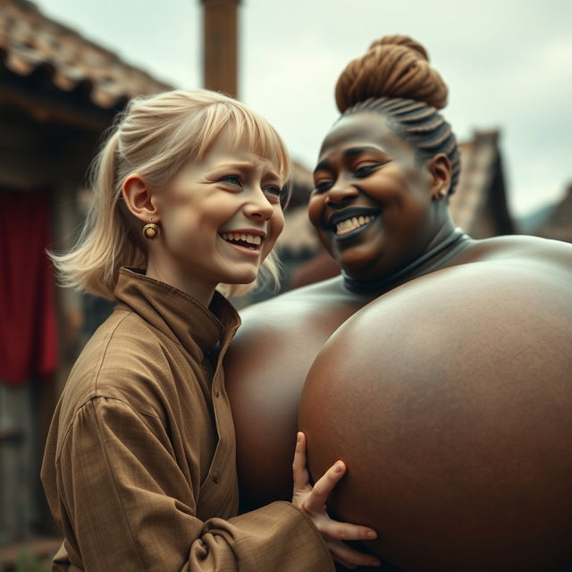 In a medieval village, a tiny young blonde woman with an emaciated body is crying tears of joy