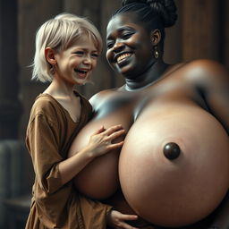 In a medieval room, a tiny young blonde woman with an emaciated body is crying tears of joy