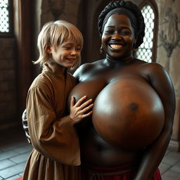 In a medieval room, a tiny young blonde woman with an emaciated body is crying tears of joy