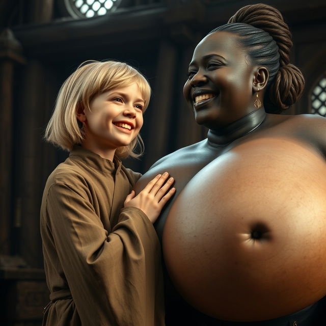 In a medieval room, a tiny young blonde woman with an emaciated body is crying tears of joy