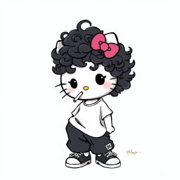A playful illustration of Hello Kitty with curly hair all over her head, wearing baggy black pants and a loose-fitting white t-shirt, complemented by stylish DC sneakers