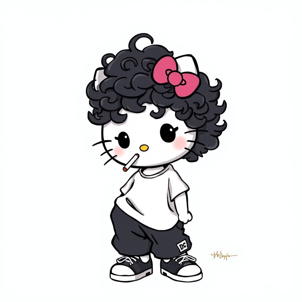A playful illustration of Hello Kitty with curly hair all over her head, wearing baggy black pants and a loose-fitting white t-shirt, complemented by stylish DC sneakers