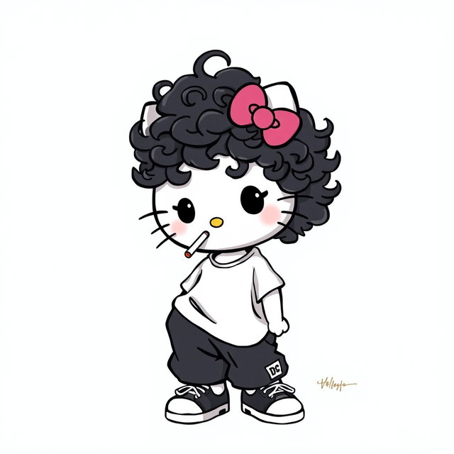 A playful illustration of Hello Kitty with curly hair all over her head, wearing baggy black pants and a loose-fitting white t-shirt, complemented by stylish DC sneakers