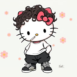 A playful illustration of Hello Kitty with curly hair all over her head, wearing baggy black pants and a loose-fitting white t-shirt, complemented by stylish DC sneakers