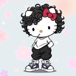 A playful illustration of Hello Kitty with curly hair all over her head, wearing baggy black pants and a loose-fitting white t-shirt, complemented by stylish DC sneakers