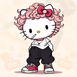 A playful illustration of Hello Kitty with curly hair all over her head, wearing baggy black pants and a loose-fitting white t-shirt, complemented by stylish DC sneakers