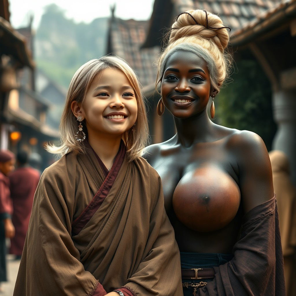 In a medieval village bustling with life, a small and delicate young blonde woman, looking very petite and fragile, is overwhelmed with joy, tears streaming down her cheeks